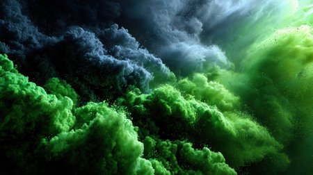 An abstract composition features billowing clouds of green and blue smoke. The image showcases textures, possibly created through digital manipulation. The lighting creates a dynamic visual effect, suggesting depth. It's suitable for various applications, including design projects, marketing materials, and background graphics.の素材