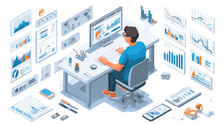 An individual sits at a desk, focused on a computer displaying various charts and graphs. The illustration features a clean, white background with bright colors, highlighting the data analysis theme. Potential uses include articles, presentations, or website illustrations concerning analytics or business.の素材