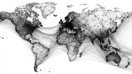 An illustration depicts the world map composed of interconnected dots and lines, creating a network effect. It is rendered in grayscale, featuring subtle shading and textures. The composition offers a perspective of global communication, suitable for various digital and print applications.の素材