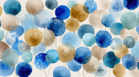 An abstract artwork features numerous spherical shapes in varying tones of blue, gold, and white. The composition uses a watercolor technique, creating soft edges and textured surfaces. This design, rendered with an overhead perspective, suggests a festive or decorative context suitable for various commercial applications.の素材