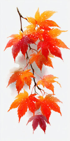 A close-up view displays autumn leaves in vivid red, orange, and yellow hues, attached to a slender brown branch. The image features a bright white background, creating a high-key composition. This visual could be utilized for various commercial purposes, including design and editorial applications.の素材