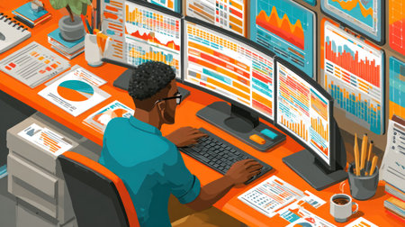 An individual sits at a desk, focused on several computer monitors displaying colorful data visualizations. The scene is brightly lit, likely indoors, suggesting a modern work environment. The composition shows financial charts and graphs, the image suitable for editorial or commercial applications regarding technology or finance.の素材