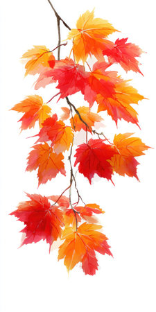 A close-up captures a branch of autumn leaves, showcasing a spectrum of reds and oranges. The foliage is detailed with visible veins and textures. The composition appears against a clean, white background, creating high contrast. Suitable for editorial and commercial applications.の素材