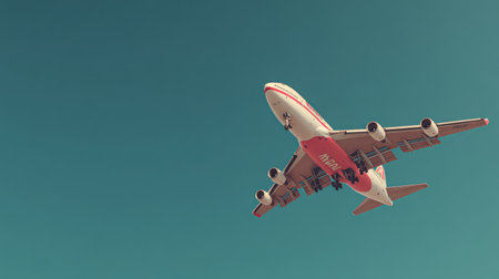 An airplane ascends against a vast, clear blue sky. The aircraft features a white body with red accents, set against a backdrop of teal. The composition emphasizes the airplane's upward trajectory. This image is suitable for promotional materials, articles, and various design applications.の素材
