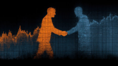 Two human silhouettes, one orange and one blue, shaking hands are overlaid on a financial chart in this digital artwork. The composition uses a dark background to highlight the figures and chart, possibly representing agreement or business transactions. This image could be suitable for articles related to finance, partnership or teamwork.の素材