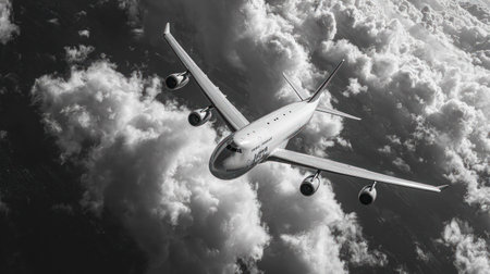 An airplane soars above a sea of clouds in this monochrome image. The aircraft is the central focus, appearing against a backdrop of voluminous, textured clouds. The scene suggests flight and travel, with a high-angle view emphasizing the vastness. Suitable for commercial projects or editorial content related to aviation.の素材