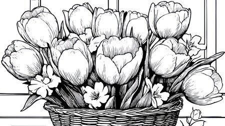 A detailed black and white illustration depicts a floral arrangement of tulips presented in a woven basket. The image showcases intricate line work, highlighting the textures of the petals and basket. The style suggests a classic approach, suitable for various editorial and decorative applications. It is a studio shot.の素材
