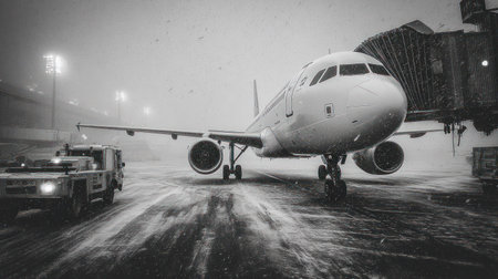 An airplane is positioned at an airport gate, captured in monochrome. The image displays the aircraft, a service vehicle, and a jet bridge. The scene is characterized by overcast lighting and a textured runway. Suitable for commercial applications such as travel, transportation, and aviation themes.の素材