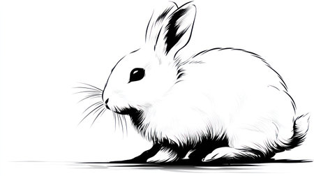 This black and white illustration presents a rabbit in a resting posture. The artwork features smooth shading and a minimalist aesthetic. The subject is isolated against a clean white backdrop, indicating an environment suitable for various commercial projects and editorial content.の素材