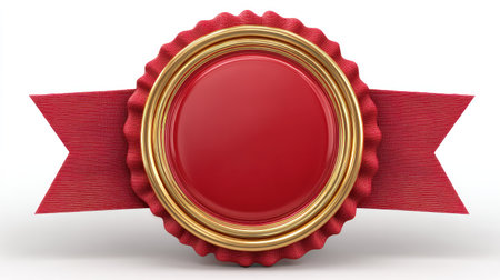 An award ribbon badge is presented against a white background. The design features a central circular element framed with gold and a prominent red ribbon extending outward. This image highlights a glossy, three-dimensional aesthetic with a focus on shape and color for various promotional purposes.の素材