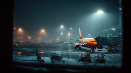 An airplane is parked at an airport during nighttime conditions. The scene features artificial lighting illuminating the aircraft and surrounding infrastructure. There is fog and wet surfaces visible creating a moody atmosphere. This image could be useful for commercial and editorial purposes.の素材