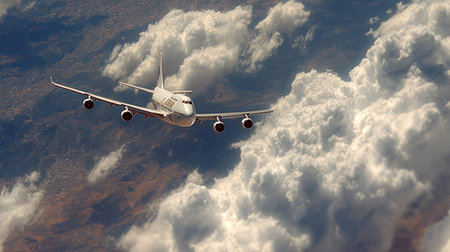 An airplane soars through a sky filled with fluffy white clouds, viewed from above. The aircraft is depicted with its wings extended, against a backdrop of varying textures. The composition offers a sense of vastness and freedom, suitable for commercial projects illustrating travel or aviation.の素材