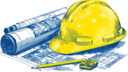 This image features a rolled architectural blueprint, a yellow hard hat, and drafting tools. The composition includes details of construction plans, possibly related to building or engineering projects. The image uses a clean graphic style with contrasting colors and can be used for various commercial or educational purposes. The lighting is diffused.の素材