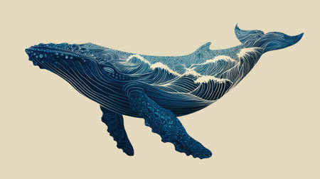 An artistic representation features a whale rendered with intricate wave patterns, exhibiting shades of blue. The graphic is set against a neutral background, with overhead lighting. Its design is suitable for various commercial uses, including illustrations and digital art applications.の素材