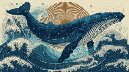 A striking illustration showcases a whale leaping from stylized ocean waves under a radiant sun. The image uses a vintage style with a limited palette of blue, white, and gold hues. It could be used for educational materials, decorative art, or designs needing a nautical or environmental theme.の素材
