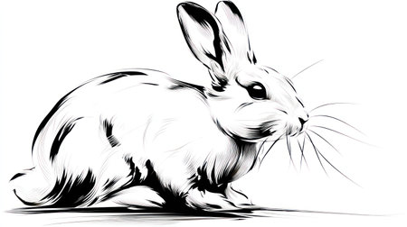 This black and white illustration depicts a rabbit in a sitting position. The artwork showcases detailed shading and highlights creating a sense of volume and texture. The composition appears minimalist, with the subject isolated against a plain background. This image could be used for various design projects and editorial contexts.の素材