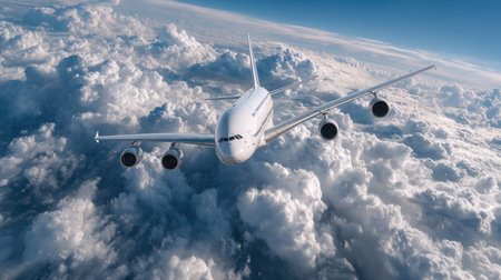An airplane soars above a sea of white clouds, contrasting with a blue sky. The aircraft is rendered with sharp details, its metallic surface reflecting light. The composition features a high-angle perspective, creating a feeling of elevation and freedom. Suitable for travel or commercial applications.の素材