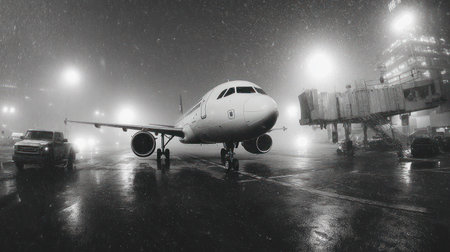 An airplane sits on a wet tarmac under a night sky with falling rain. The image displays grayscale tones, emphasizing the plane's structure and the surrounding environment. The composition shows the plane from a side view. The picture could be suitable for aviation-related publications or commercial purposes.の素材