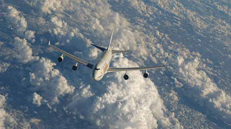 An airplane soars through a sea of puffy clouds, its wings extended against the backdrop of a bright blue sky. The image showcases the aircraft's silhouette, with detailed features. This aerial view could be used for various commercial or editorial purposes.の素材