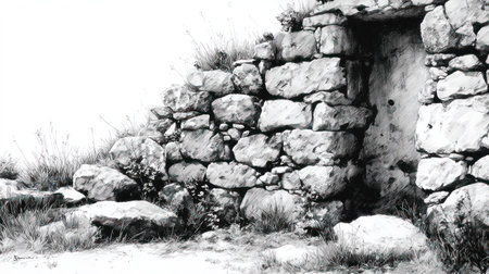An aged stone structure features a doorway, all captured in monochrome. The texture of the rough-hewn stones is visible under soft lighting. The composition suggests an outdoor setting, potentially a historical or archeological context. Suitable for diverse commercial and editorial applications, offering a sense of history.の素材