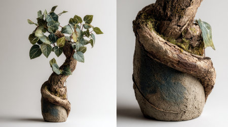 An artistic sculptural plant is depicted with a curving, textured stem and attached leaves. The plant rests on a textured pot. The composition shows the plant from two angles against a bright white background. This image could be used for various commercial or editorial applications such as design, art, or nature related themes.の素材
