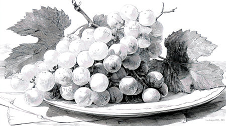 A detailed monochrome illustration showcases a bunch of grapes resting on a decorative plate. The artwork features high contrast, revealing textures and shapes. This image portrays classical style, suitable for various applications, including print media or graphic design projects. It avoids specific contexts or personal elements.の素材