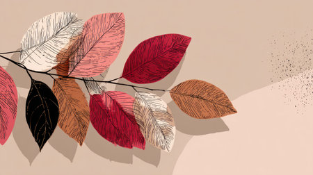 An artistic illustration presents colorful leaves on a slender branch against a light neutral backdrop. The artwork features a composition of diverse hues, including red, pink, brown, and black. This stylized imagery could be suitable for various design projects and editorial content needs.の素材