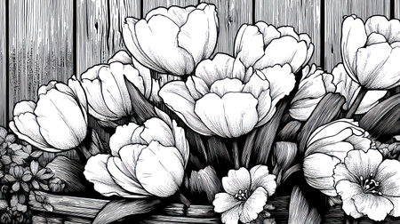 A grayscale illustration depicts a basket overflowing with tulips and smaller flowers. The composition showcases detailed line work, with varying shades creating depth and texture. The flowers are in full bloom, with a wooden background visible. This image can be used for various design projects, including print and digital media.の素材