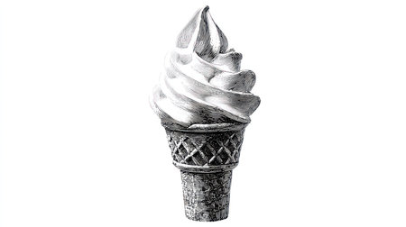 This black and white illustration depicts a soft serve ice cream cone against a plain white background. The cone shows a detailed texture. The composition utilizes shading and contrast for a dramatic effect. Suitable for various design applications, this image could be used in food-related advertising or editorial content.の素材