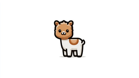 A cartoon llama, rendered with bold outlines and a limited color palette of brown and white, is set against a plain white backdrop. The illustration emphasizes simplicity, employing a flat design aesthetic. Suitable for a range of uses, the image could complement projects needing a friendly animal presence.の素材