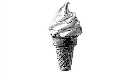 This black and white illustration depicts a soft serve ice cream cone. The artwork showcases a detailed rendering of the swirled ice cream and the textured cone. The composition features strong contrast and highlights the shape of the treat. Suitable for various design projects and editorial uses.の素材