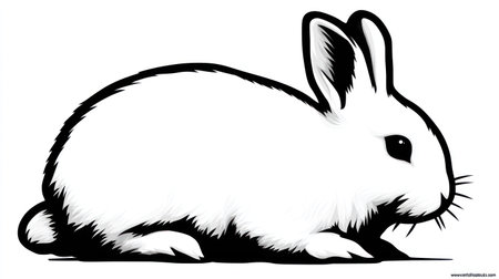 This black and white illustration depicts a rabbit in a side view. The image features clean lines and contrasting tones, with a focus on shape and form. The style is simple and graphic, potentially suitable for various uses including educational materials or design projects. The overall impression is clean and versatile.の素材