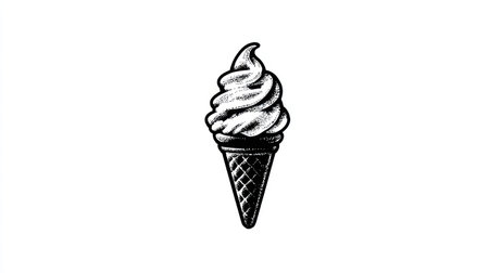 This black and white illustration depicts a soft serve ice cream cone. The artwork uses a textured style to create a visually appealing contrast. The subject is centered against a blank backdrop, offering a clean look. Suitable for various design applications, from food-related projects to minimalist concepts.の素材