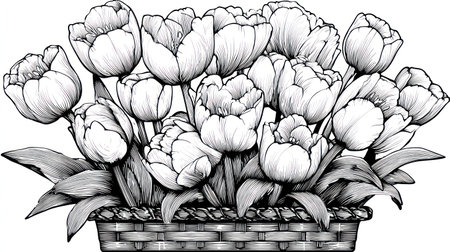 A grayscale illustration features a collection of tulips in full bloom, nestled within a woven basket. The image showcases detailed line work and varying shades, creating texture and depth. The composition likely aims to evoke a sense of nature and spring. Suitable for multiple applications, including print and digital projects.の素材
