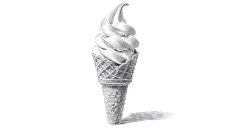 A grayscale illustration features a soft-serve ice cream cone against a white backdrop. The detailed rendering emphasizes the textures of the ice cream swirls and the waffle cone. Shadows suggest a light source from above. Ideal for use in projects related to food, desserts, or advertising.の素材