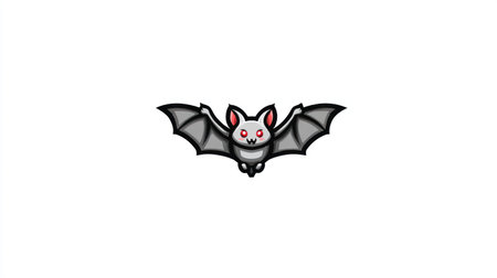 A cartoon illustration presents a bat in mid-flight with wide, detailed wings. The creature displays a muted gray color scheme, contrasting with the bright white background. This image showcases a clean, vector-style design suitable for various design projects, including digital media and print applications.の素材