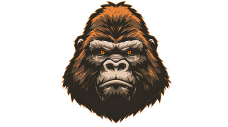 This illustration features a detailed depiction of a gorilla's head, characterized by its fur textures and strong facial features. The artwork uses a warm color palette with shades of brown and orange, creating a dramatic contrast. The image is designed in a vector style with bold lines and expressions, suitable for various editorial and commercial applications.の素材
