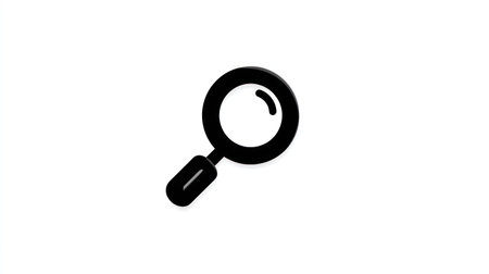 A close-up illustration depicts a black magnifying glass icon. The simple design features a round lens and a handle against a white backdrop. The composition is clean and minimalist, using shadow and light to suggest depth. This image is suitable for various commercial uses, including website design and presentations.の素材