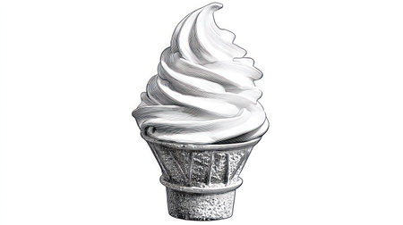 A detailed black and white illustration presents a soft serve ice cream cone. The ice cream appears smooth and swirled, contrasting with the textured cone below. The composition uses a clean, isolated background, highlighting the subject. This image could be used for food-related projects or design elements.の素材