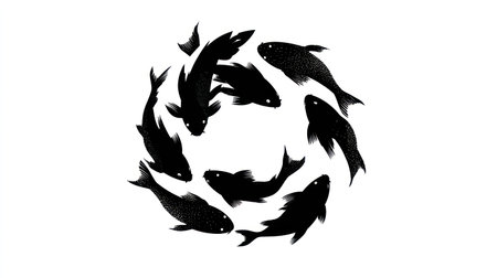 An illustration features several black fish artfully arranged in a circular formation, set against a pristine white background. The fish silhouettes create a visually compelling pattern. This image is suitable for various applications, including design, decoration, and editorial content.の素材