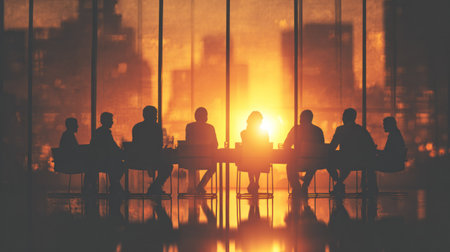 A group of people are seen in silhouette during a meeting at sunset. The image displays a large table with individuals seated around it. Warm tones dominate, suggesting a late afternoon or early evening setting, possibly indoors. Could be used for business, finance, or corporate design.の素材