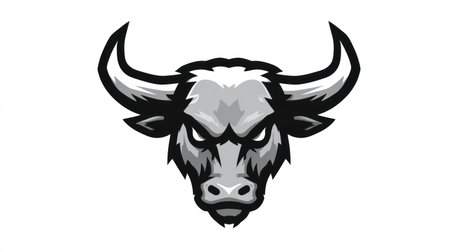 A grayscale illustration features a bull with strong horns. The artwork showcases sharp lines and gradients on a white background. This design emphasizes a clean, modern aesthetic. Suitable for various applications, including print media, websites, and promotional materials in the business and sports industry.の素材