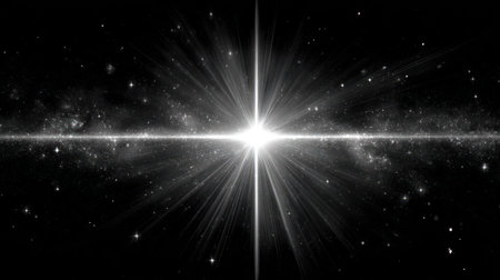 A radiant starburst, prominently displayed, is the primary subject set against a dark, celestial background. The composition employs a monochrome palette, accentuating the central light source and its radiating beams. The image creates a sense of depth and cosmic vastness. Suitable for various design applications and visual storytelling.の素材