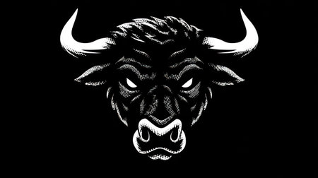 A striking black and white illustration depicts the head of a bull, showcasing detailed textures and strong contrasts. The artwork features dynamic lighting and a powerful composition. Suitable for various design projects, it could be used for editorial and commercial purposes.の素材