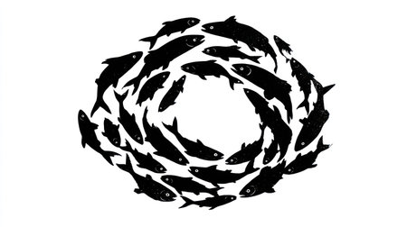 A dark silhouette depicts multiple fish swimming in a circular formation against a white backdrop. The graphic composition features a simple style with high contrast between the dark shapes and the bright background. Suitable for illustrations and designs with potential use in various commercial applications.の素材