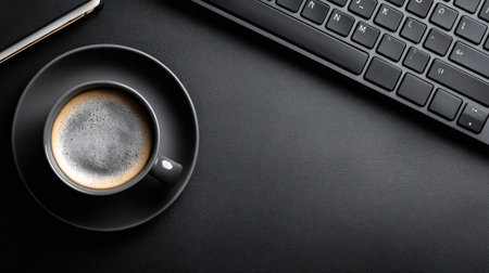 A close-up view presents a black coffee cup and saucer beside a keyboard and mobile phone. The scene is top-down, with a monochromatic color scheme. The composition suggests a workspace, possibly within an office. It is suitable for various commercial purposes, including business and lifestyle themes.の素材