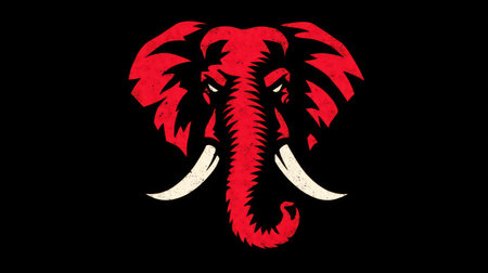 A striking graphic features the head of an elephant in red against a solid black backdrop. The image showcases a stylized illustration with textured details. It's likely suitable for use in design projects or as a visual element in various commercial and editorial applications.の素材
