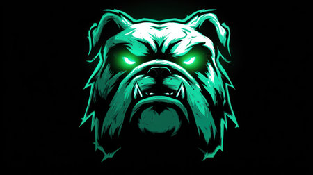 A striking graphic displays a bulldog's head in shades of green. The image showcases a close-up composition with focus on the face and glowing eyes. It uses a contrasting color palette and a dark backdrop to enhance the visual impact. Suitable for various design projects and commercial applications.の素材