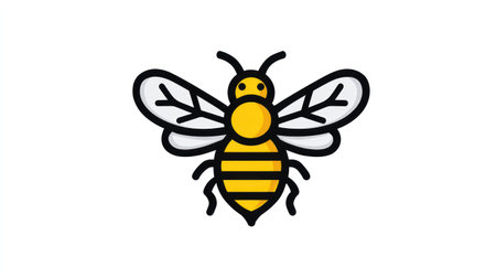 This illustration depicts a cartoon bee with yellow and black stripes. The image showcases a simple, graphic style with clean lines and flat colors. The bee is presented on a white background, suggesting a design element suitable for various applications. It may be used in commercial and editorial projects.の素材