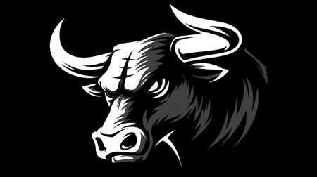 This graphic presents a bull head with prominent horns, rendered in a grayscale palette against a stark black backdrop. The composition features sharp lines and contrasting shadows, creating a dynamic visual. It may be suitable for various commercial applications such as design elements or visual content.の素材
